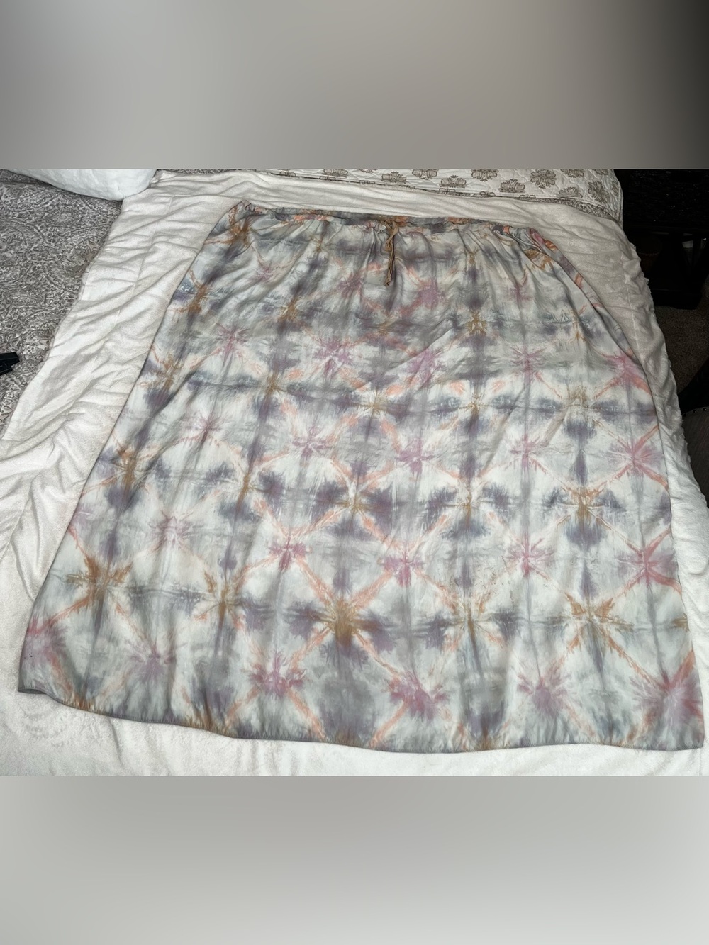 Sabd 100% Silk Shibori Tie-Dye Pastel Maxi Skirt 4X Drawstring Boho Hippie Chic